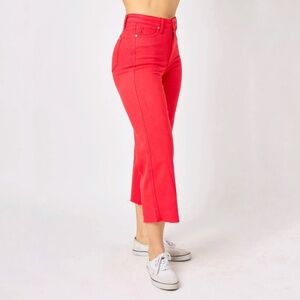 Judy Blue High Waist Garment Dyed Red Tummy Control Wide Leg Crop Denim Jeans